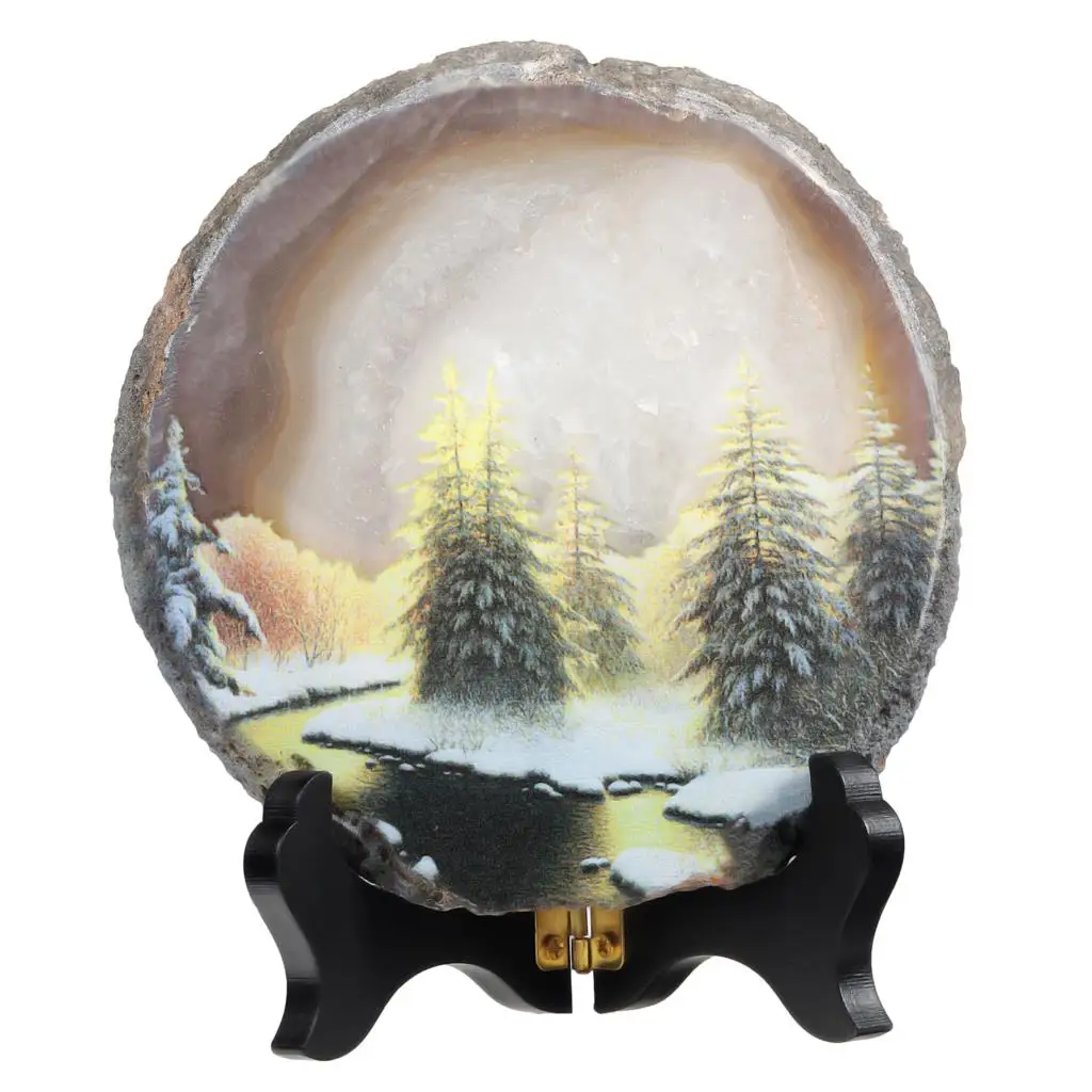 Natural Irregular Agate Slice Art Print Animal Table Display With Wooden Stand Agate Geode Stone Figurine For Home Decoration