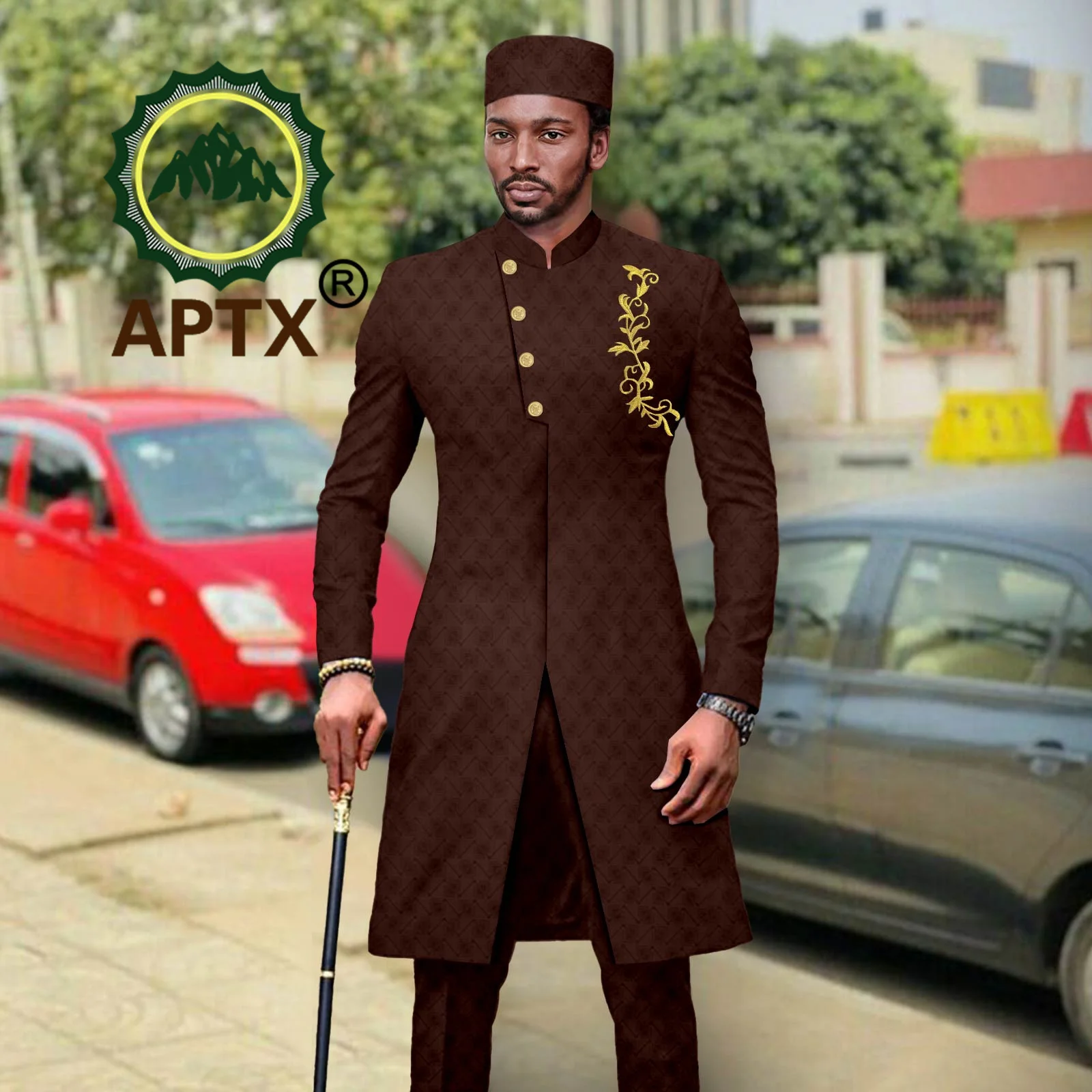 

African Suit for Men Slim Fit Tuxedo Bazin Riche Embroidery Jacket Pants Hat Cap 3 Pcs Business Formal Designed Outfits A2316056