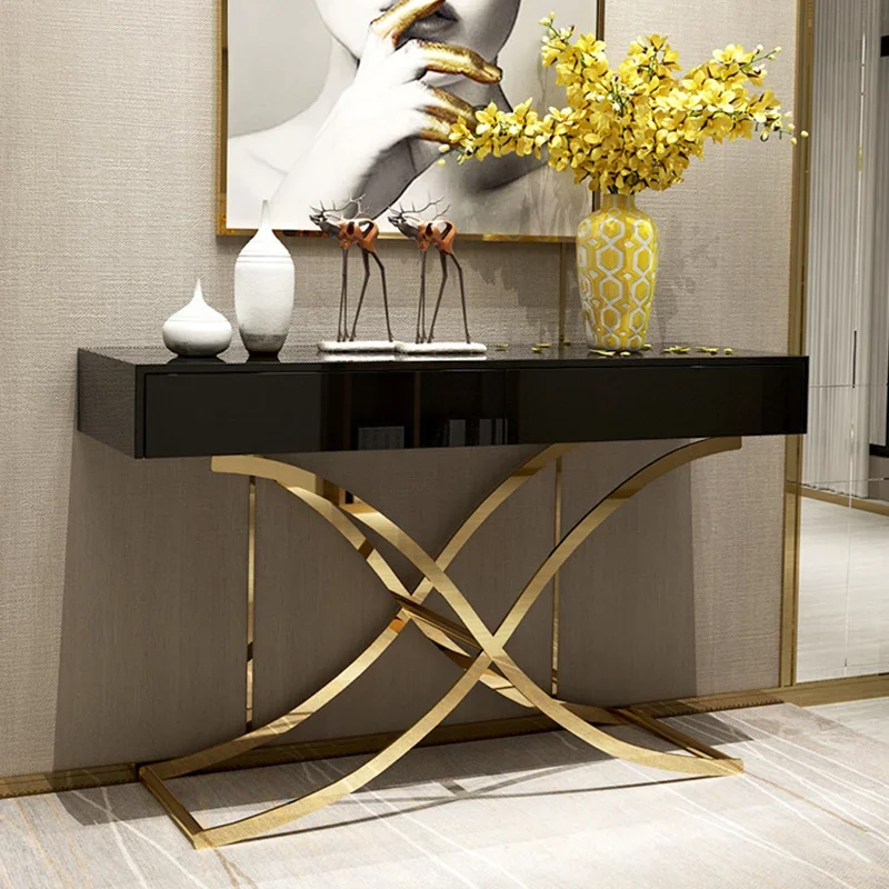 120cm Luxury Solid Wood Porch Console Table with Drawer Hallway Metal Corner Table Storage Cabinet Home Decor Indoor Furniture