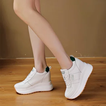 Genuine Leather Shoes Woman Fashion Sneakers Flat Platform Shoes Ladies Flats Heigh Increasing 9cm White Shoes DX142