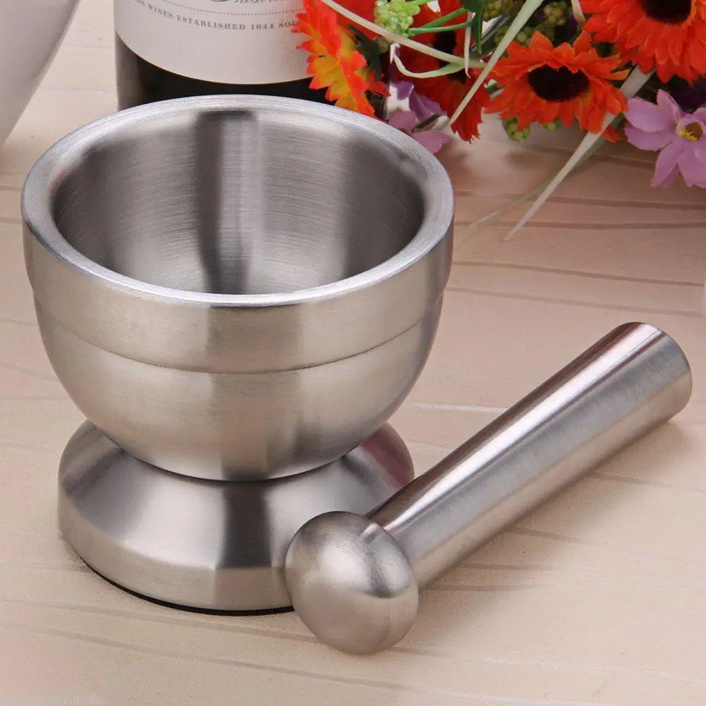 Double Stainless Steel Garlic Grinder Metal Mortar Salt And Pestle Pedestal Bowl Garlic Press Pot Herb Pepper Spice Grinder Pot