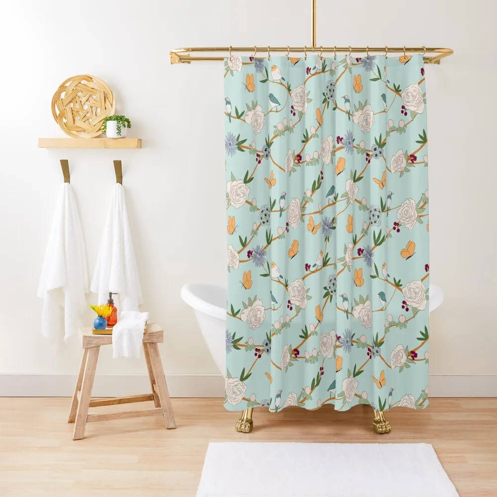 

Victorian Botanical Garden with Roses Birds and Butterflies in Green Shower Curtain Set For Bathroom Curtain
