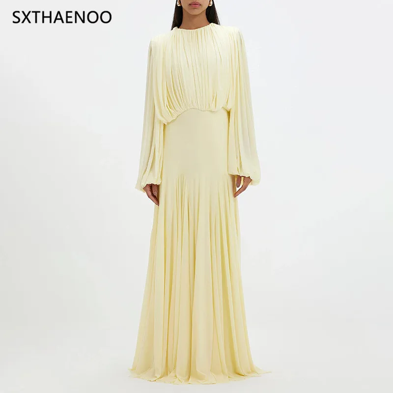 700027-fba02b.jpg SXTHAENOO Yellow Dinner Loose Folds Maxi Dresses Women O Neck Shoulder Pud High Waist Temperament Dress Female Fashion Clothing - Image 1