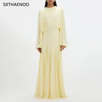 SXTHAENOO Yellow Dinner Loose Folds Maxi Dresses Women O Neck Shoulder Pud High Waist Temperament Dress Female Fashion Clothing