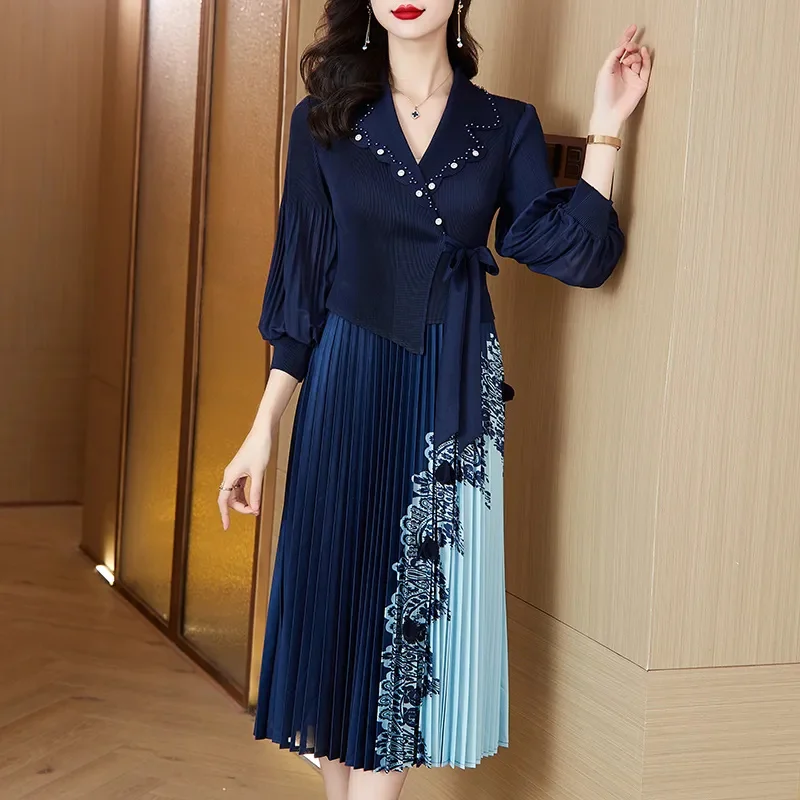 Summer Dress Elastic 2024 New Pleated Long Dress Young Mother's Temperament Is Slim And Gentle skirt Notched Collar Dress Black