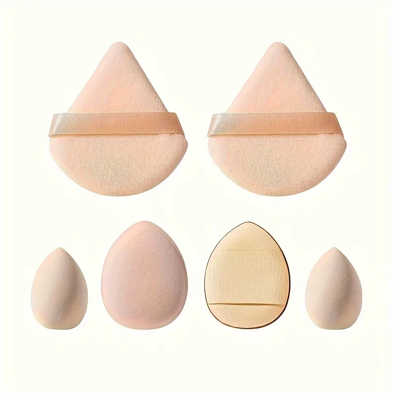 6Pcs Velour Makeup Sponge Set - 2 Mini Eggs + 2 Fan + 2 Finger Puffs, Hydrophilic Latex-Free for All Skin Types