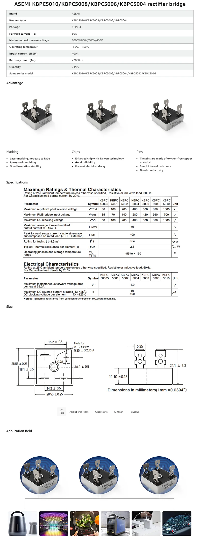 KBPC5008 180mil Brückengleichrichterdiode 50A 800V ASEMI – Detail 1