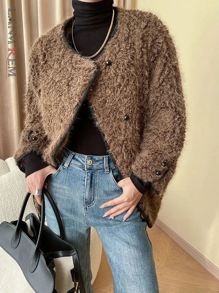 

LANMREM Lamb Wool Coat For Women Round Neck Long Sleeves Brown Color Short Style Female Fashion Winter Clothes 2023 New 2DA2425