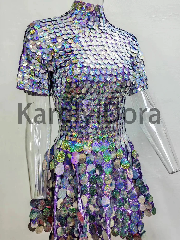 Silvery Shell Sequins Mini Dress Nightclub Dance High Quality Performance Clothing Bodysuit Birthday Red Dresses