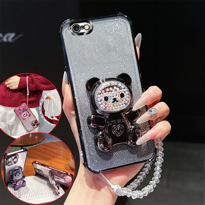 Shockproof Phone Case with 3D Bear Stand and Glitter Crystal Chain Lanyard