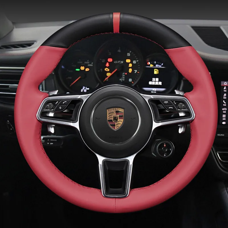 

DIY Hand-Stitched Leather Car Steering Wheel Cover for Porsche Macan Panamera Cayenne Interior Auto Accessories