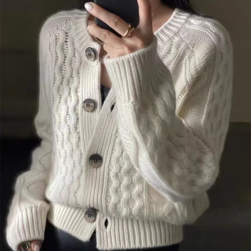 Fall Winter New Style 100% Pure Wool Sweater Cashmere Cardigan Women Loose Lazy O-Neck Twist Cardigans Thick Warm Knitted Jacket 2