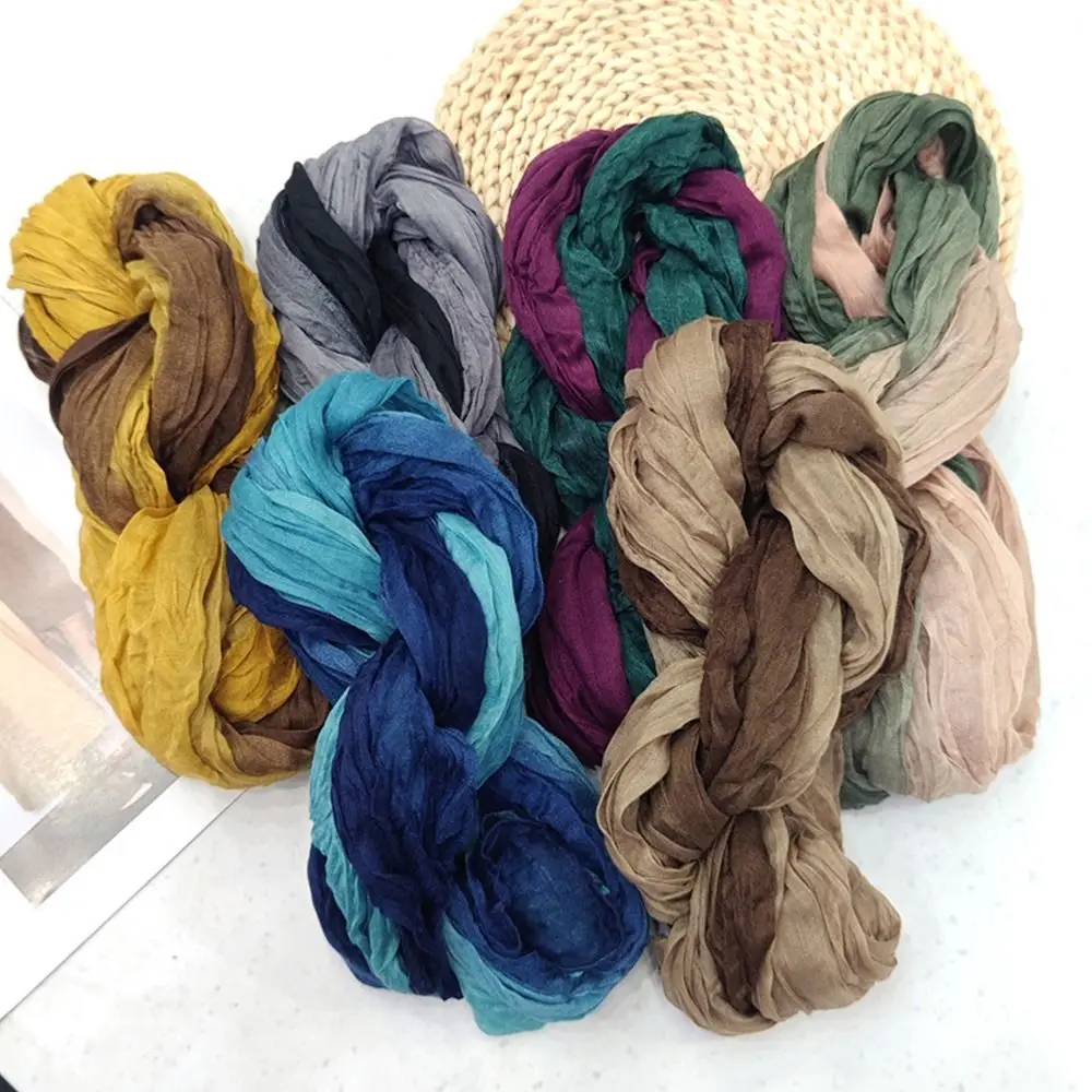 Fashionable Trend Gradient Blue Fold Shawl Soft Retro Pleated Long Scarf Sunscreen Scarf Spring Summer