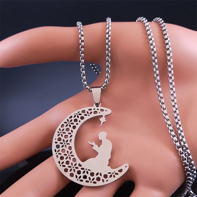 Islamic Muslim Pevout Prayer Necklace Stainless Steel Moon Star Spiritual Islam Pendant Necklaces Jewelry coran N2015S02