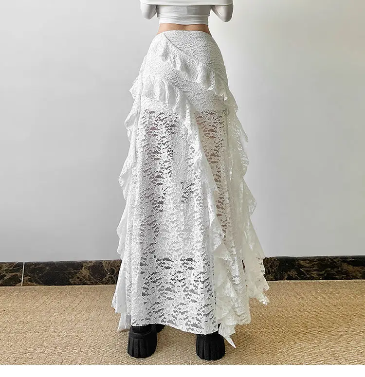 White Sweet Design Lace Patchwork Ruffle High Waisted Y2k Skirt Women Summer Irregular Skirt Long Skirts Harajuku Goth Clothes