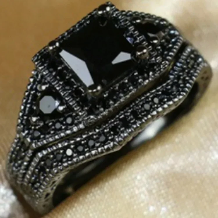Fashion Jewelry Princess Cut Purple Zircon stone Black Filled Wedding Ring Set Anniversary wedding rings engagement rings zircon rings crystal rings