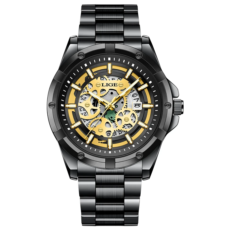 LIGE Luxury Steampunk Skeleton Dial Men's Automatic Mechanical Watch