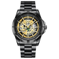LIGE Luxury Steampunk Skeleton Dial Men's Automatic Mechanical Watch (Black gold)