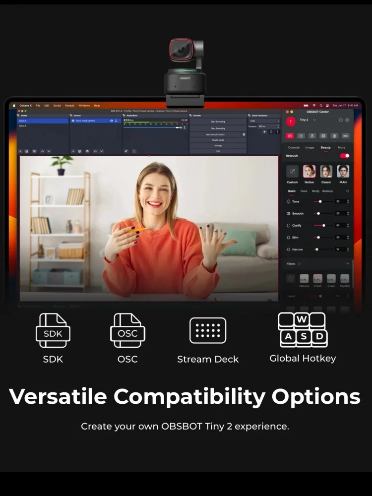 OBSBOT Tiny 2 4k Meet 4K PTZ Webcam AI-Tracking Auto-Framing Gesture Control HDR Dual Omni-Directional Mic Recording Streaming