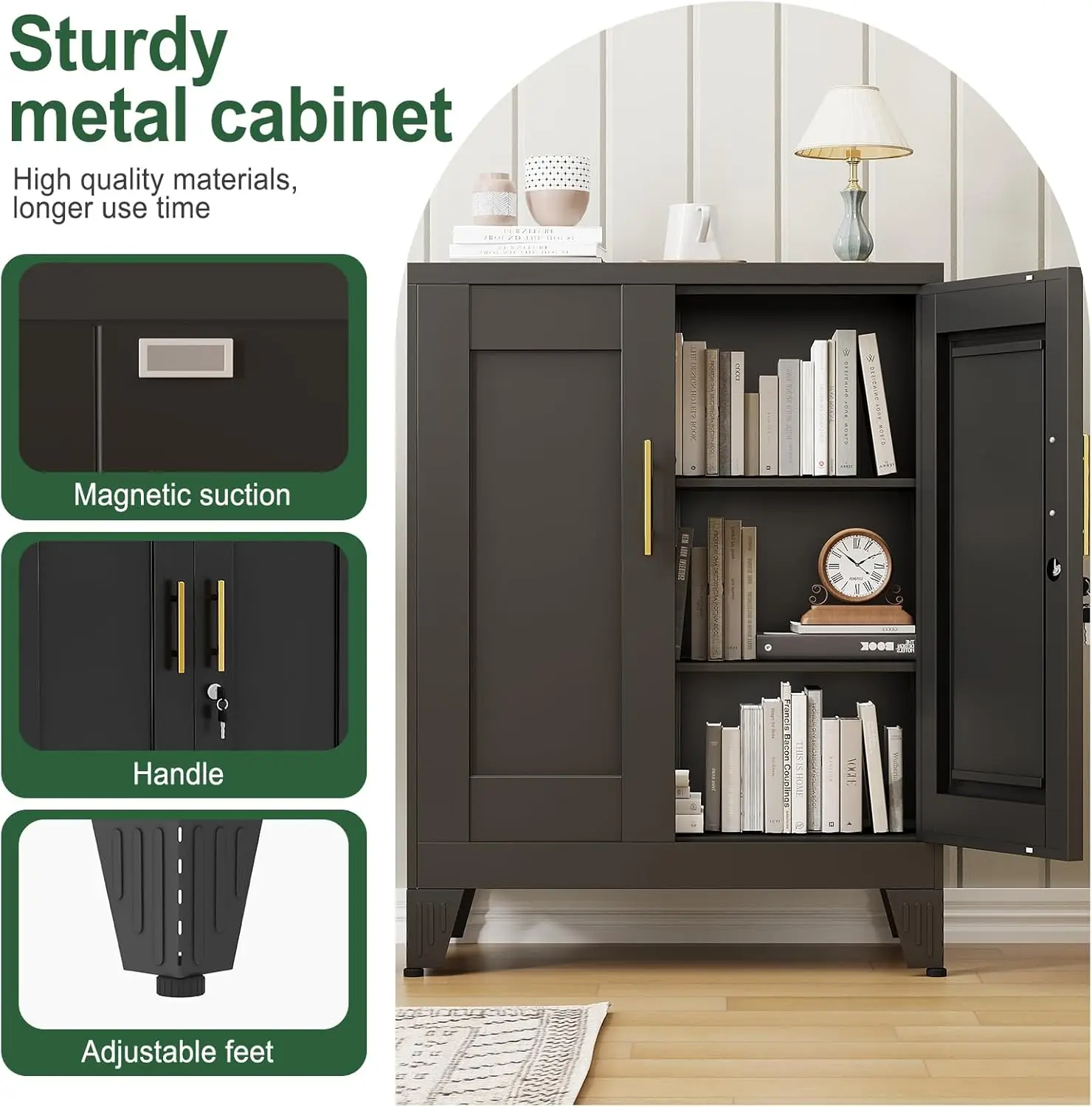 Black Metal Storage Cabinet, 36" Tall Locking Storage Cabinet with 2 Adjustable Shelves, Steel Locker Organizer