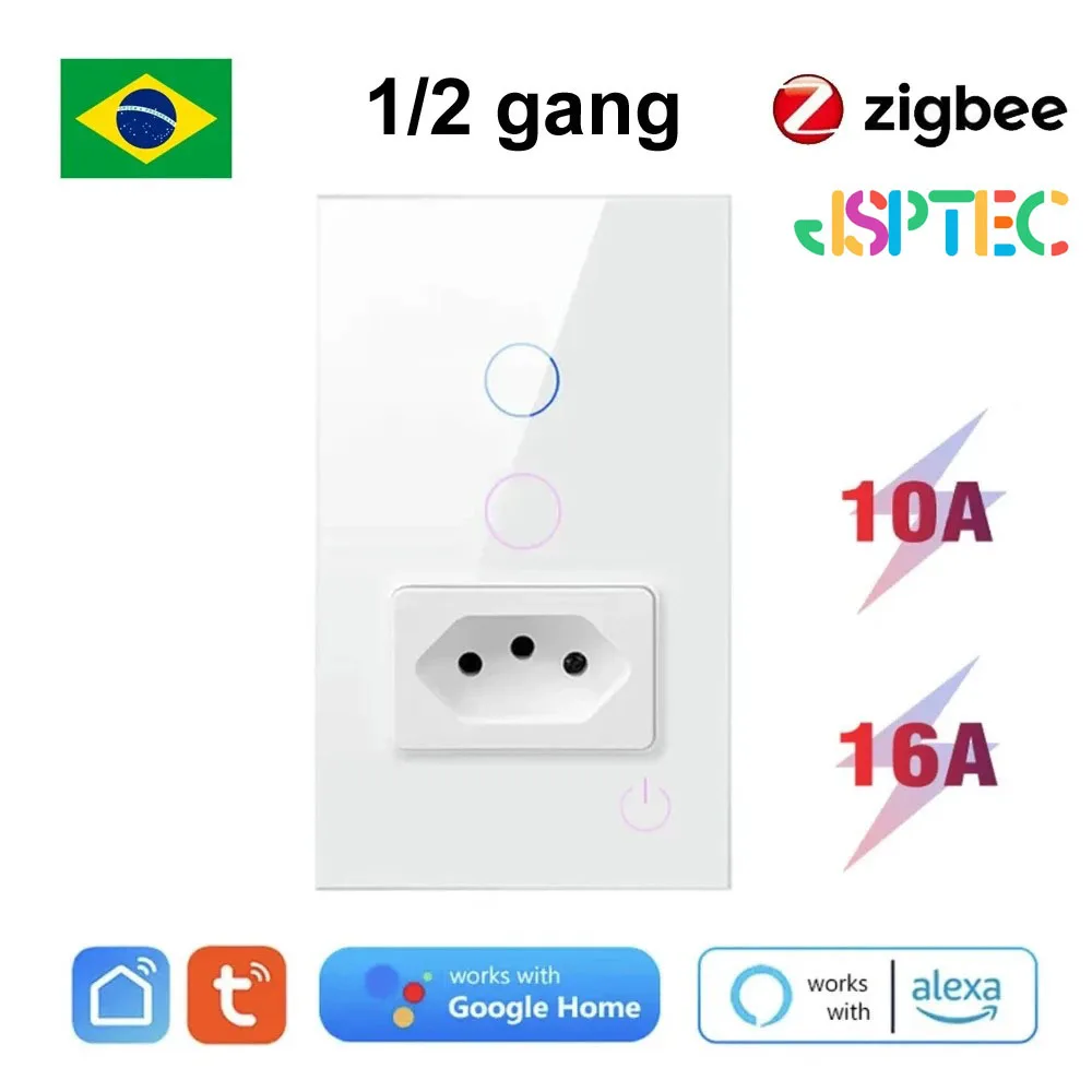 JSPTEC Tuya 스마트 브라질 ZigBee 스위치 10A 16A 스마트 소켓 유리 패널 1 2 갱 스마트 라이트 스위치 Al..