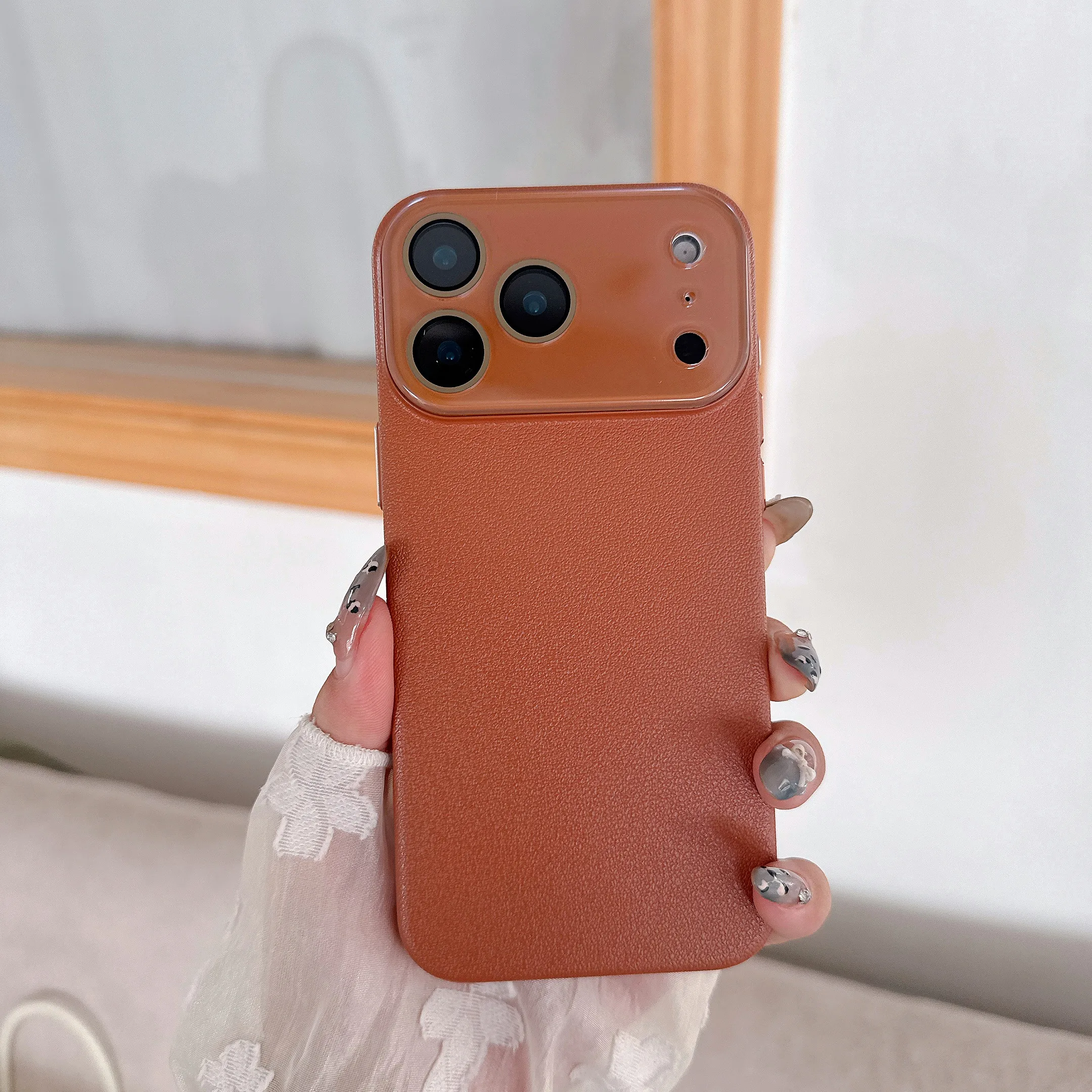 Luxury Leather Texture Rugged Shockproof Case with Glass Lens Protection