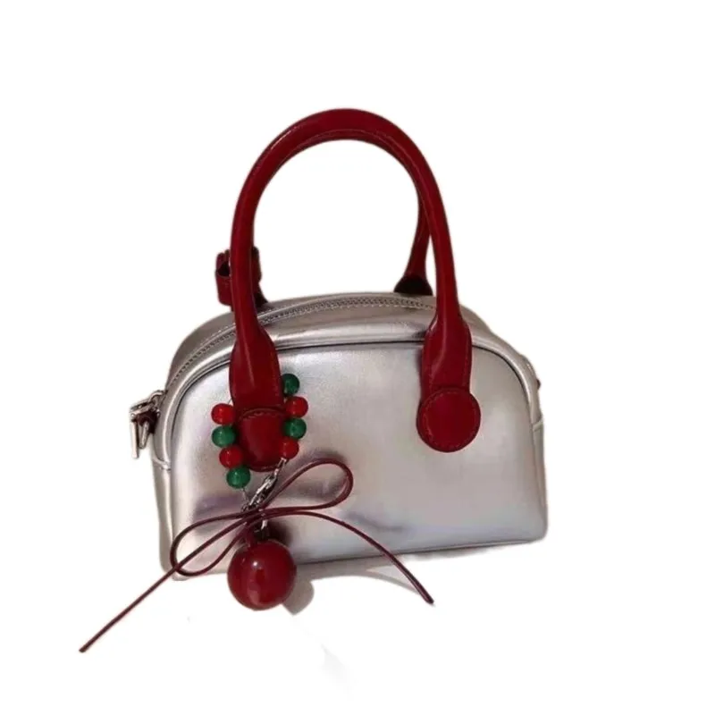 Hot Girl Cute Silver Bowling Handbag Women Fashion Leather Petite Shoulder Bag Ladies Stylish Casual Versatile Crossbody Bag New