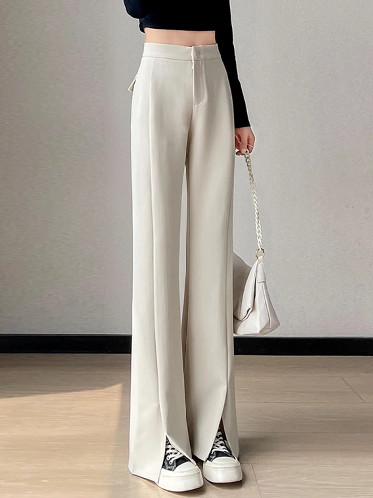 

New 2023 Autumn Winter High Waist Vintage Solid Suit Pants For Women Slit Simple Straight Trousers Female Casual Office Pants