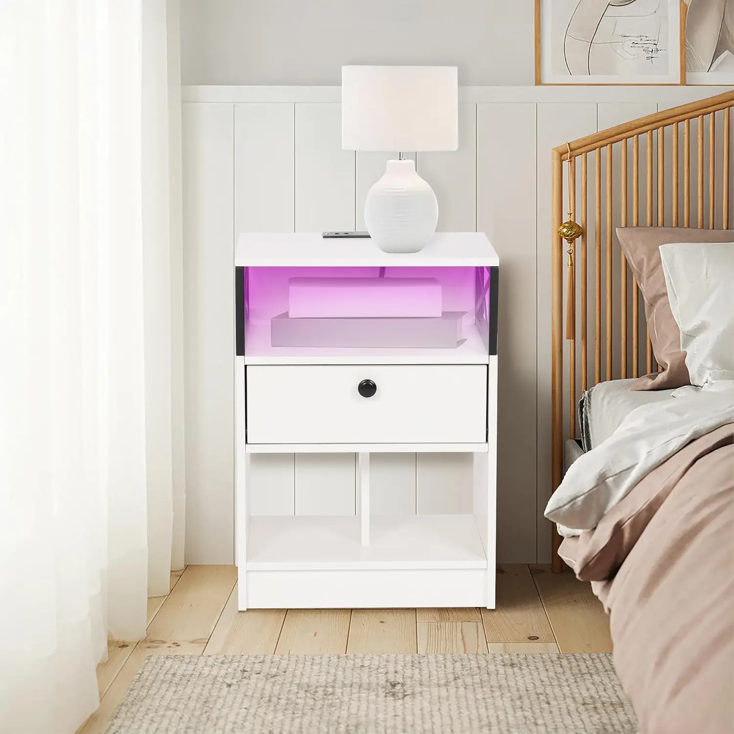 Night Stand with Charging Station and LED Light, End Table with 1 Drawers and Storage Shelf, Bedside Table with 2 USB Ports