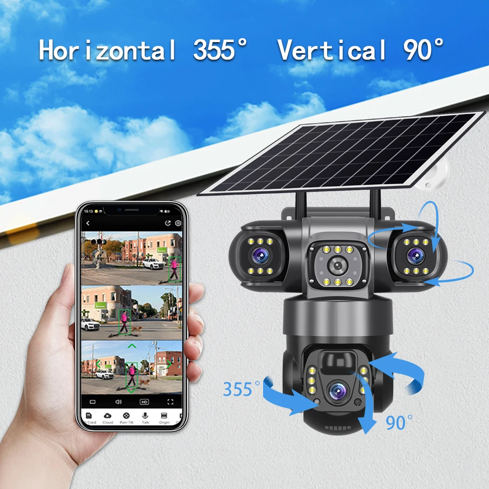 V380 Pro 3 Lens IP Solar Camera HD 15 MP Outdoor Waterproof CCTV Night Vision Two-Way Audio Camera Mobile Tracking 4G IP Camera