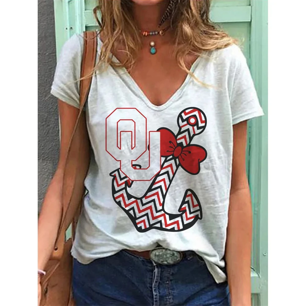 

2024 Refreshing Summer Fashionable Women's Clothing Blue Anchor Pattern T-Shirt 3d Printed V-Neck Sports Casual Short Sleeved To