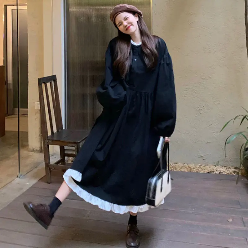 New Korean style fluffy sleeve dress Super Fairy Academy style small fresh loose fitting mid length A-line skirt