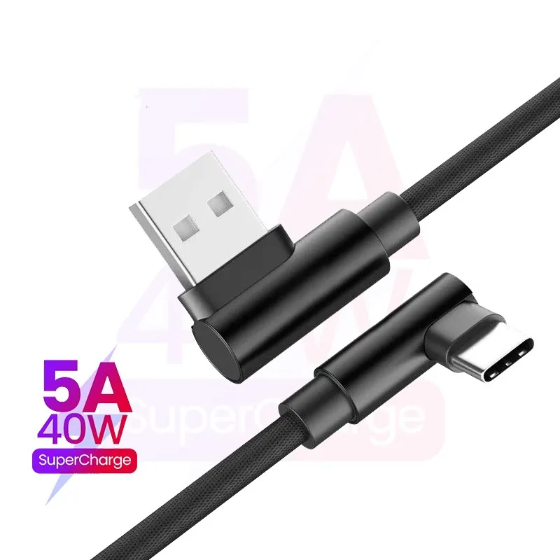 90° Double Degree Elbow 5A USB Cable Fast Charging Type C Cable Mobile Phone Charger Cord For Huawei  Xiaomi Redmi USB C Cable