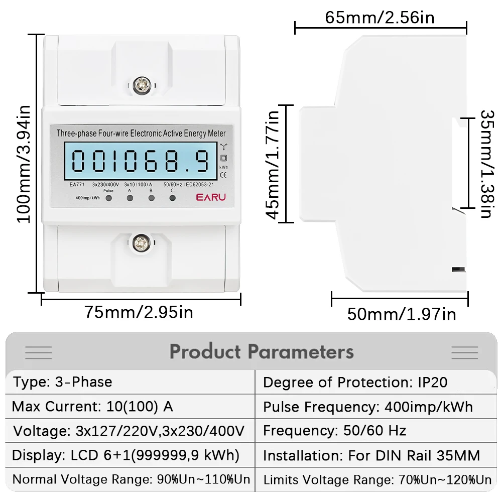 Din Rail AC 230 380V 3 Phase 4 Wire energy meter Power Consumption Monitor kWh Meter Wattmeter Bivolt 100A 50/60Hz LCD Backlight