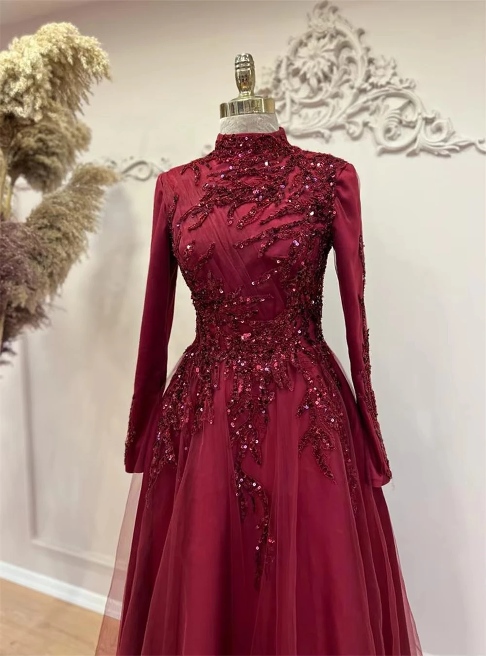 فستان أنيق للحفلات الراقصة برقبة عالية ترتر وأكمام...