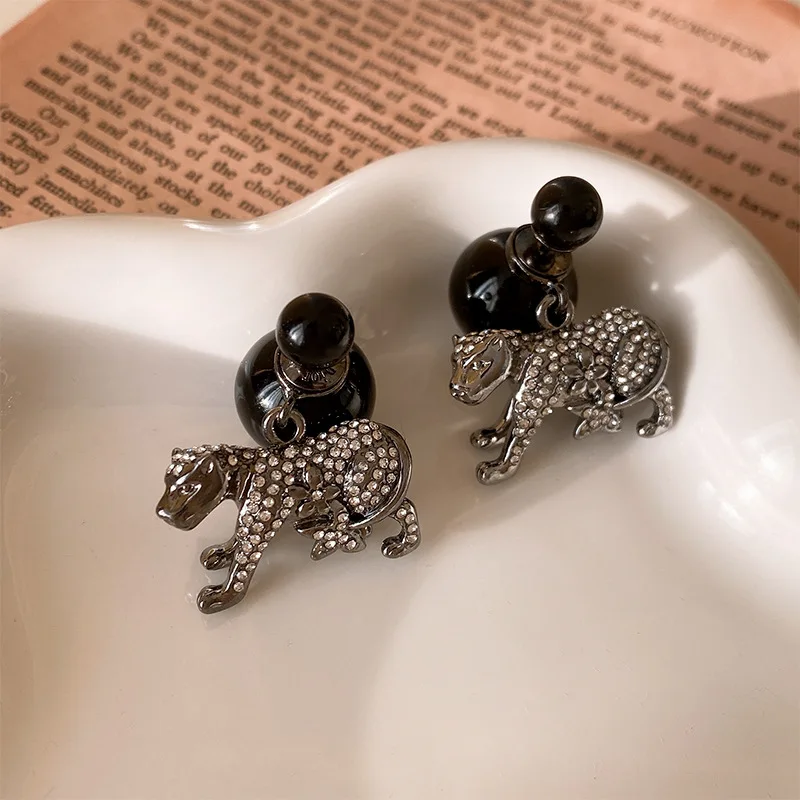 S3391 Rhinestone Leopard Dangle Earrings S925 Silver Needle For Women Ball Beads Stud Earrings