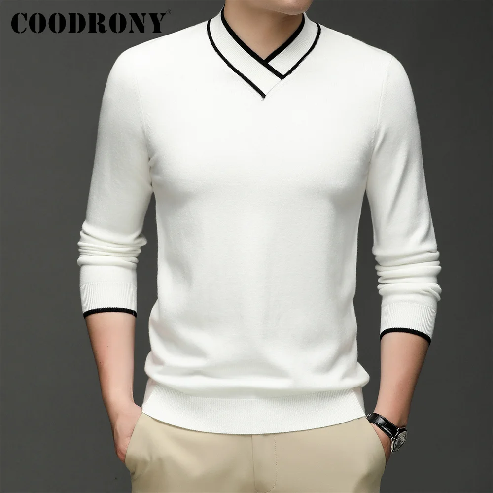 COODRONY Brand Fashion Casual Men Knitwear Soft Warm Pullovers Spring Autumn Male New Arrivals V-Neck Solid Color Sweaters W1018