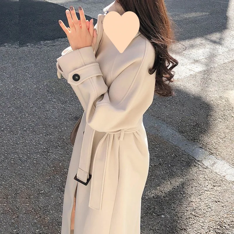 Winter Korean Women Faux Woolen Coats Fashion Elegant Solid Belt Thickening Long Jacket Female Loose All Match Blends Outwear