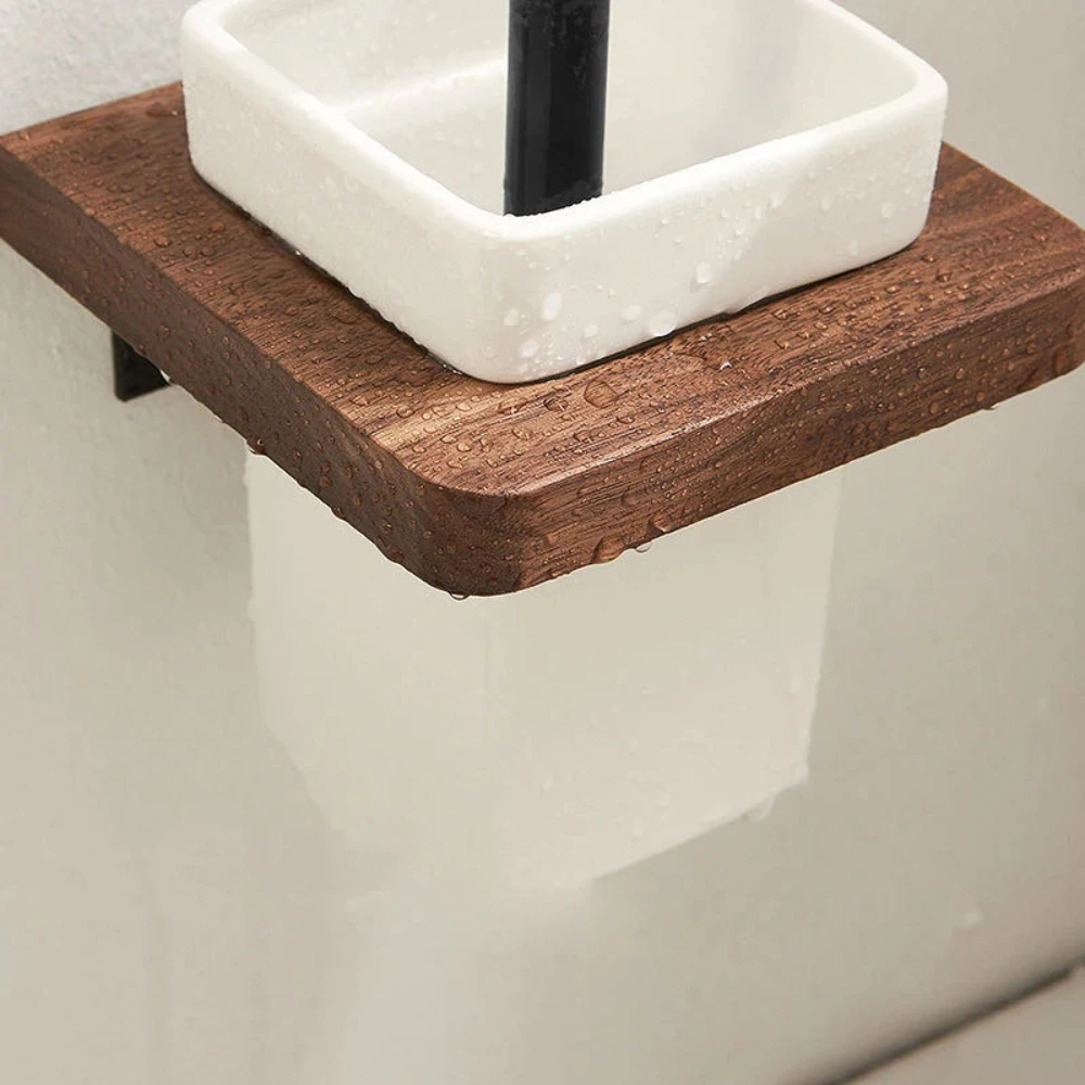 Wall-Mounted Toilet Brush Holder Set, Ceramic Base, Solid Wood, Luxury Bathroom Accessories, No Dead Corner