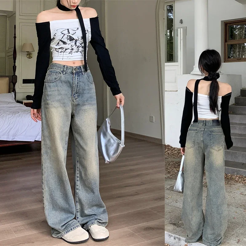 

Autumn High Waist Slimming Wide Leg Pants Straight Pants Mopping Pants Women American Vintage Washed Distressed Trousers Jeans