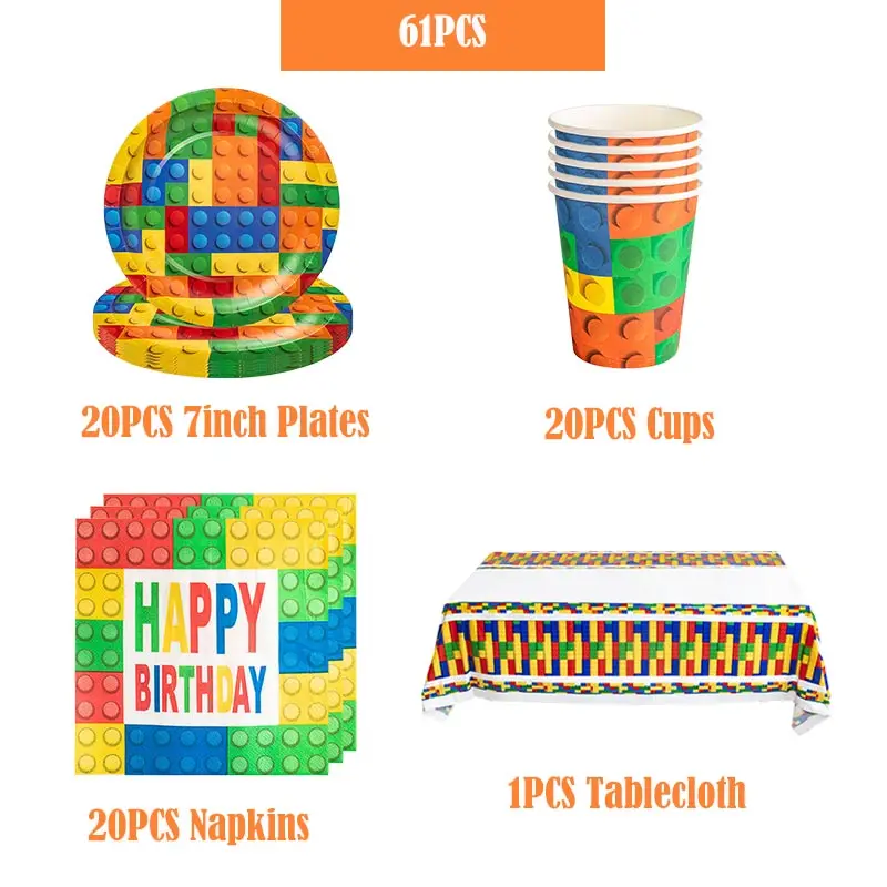 Bausteine Geburtstag Dekoration Jungen Spielzeug Einweg Geschirr Tassen Teller Luftballons Banner Geschenk Taschen Für Kinder Geburtstag Gunsten – Detail 3