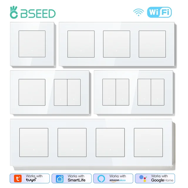 BSEED Wifi Mechanical Wall Switch 1/2/3/4Gang Smart Click Buttons Switches Tuya Smart Life Alexa App Control EU Standard White