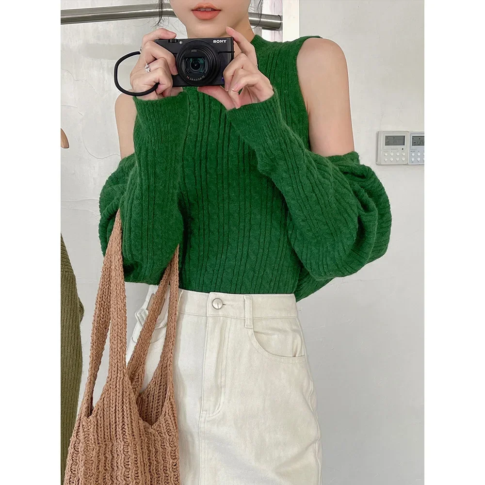 

New Simple and Fashionable Sweater Women Autumn / Winter Pure Color Twist Shawl Vest Two-piece Elegant Ladies Sweater Green Top