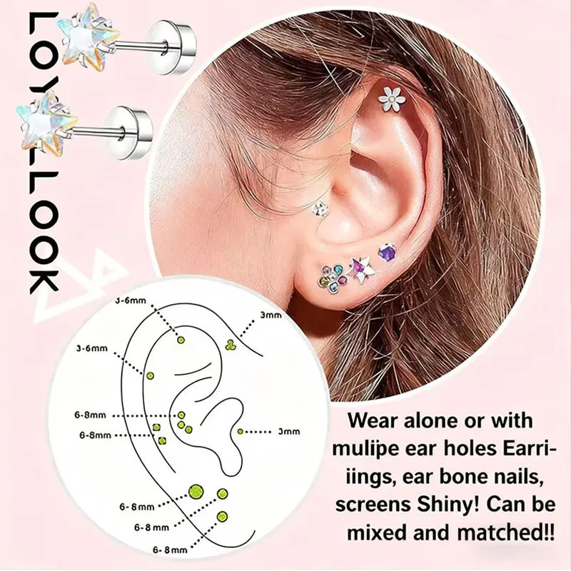 2Pcs Stainless Steel Ear Stud Heart Moon Earbone Small Flat Back Earrings for Women Helix Tragus Cartilage Body Piercing Jewelry