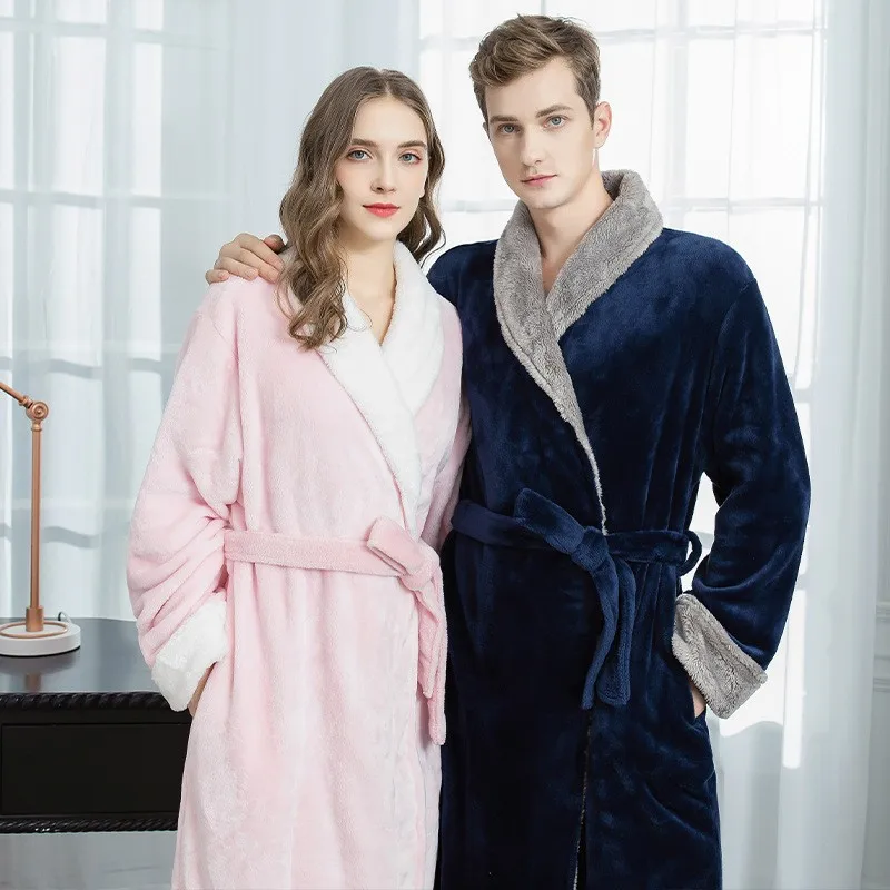 

Autumn and Winter Flannel Nightgown Plus Velvet Thickening Couple Style Men's Long Pajamas Women's Cute Home Clothes