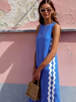 Summer Solid Patchwork Loose Midi Dress Women Casual O-neck Sleeveless Split Vintage Dress Female Beach Holiday Sundresses 2025 - Image 2