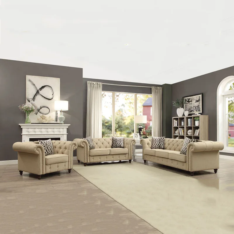 

Solid Wood Living Room Sofa Frame Button Pillows Tufted Nail Head Upholstered Roll Arm Sofa Large Divano Living Room Furnitur