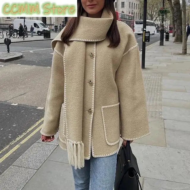 Hepburn Style Women Tassel Woolen Cape Coat With Scarf Retro Patchwork Long Sleeve Loose Outerwear Jacket Female Casual Overcoat