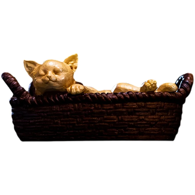 

Boxwood Carved Cat Sculpture Creative Animal Craft for Decor and Accessories