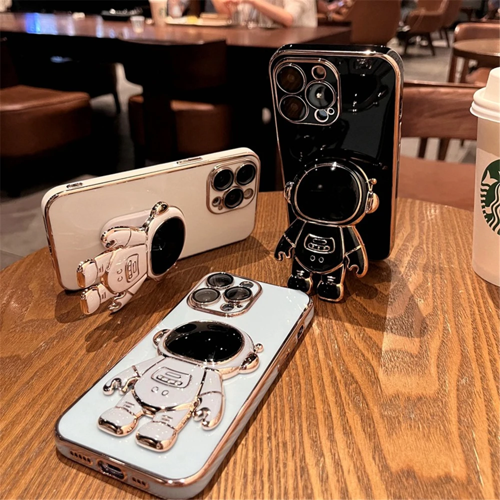 iphone 13 pro max cover Luxury Plating 3D Astronaut Folding Stand Case For iPhone 11 12 13 Pro Max X XR XS Max 7 8 Plus Camera Lens Protection TPU Cover iphone 13 pro max case leather